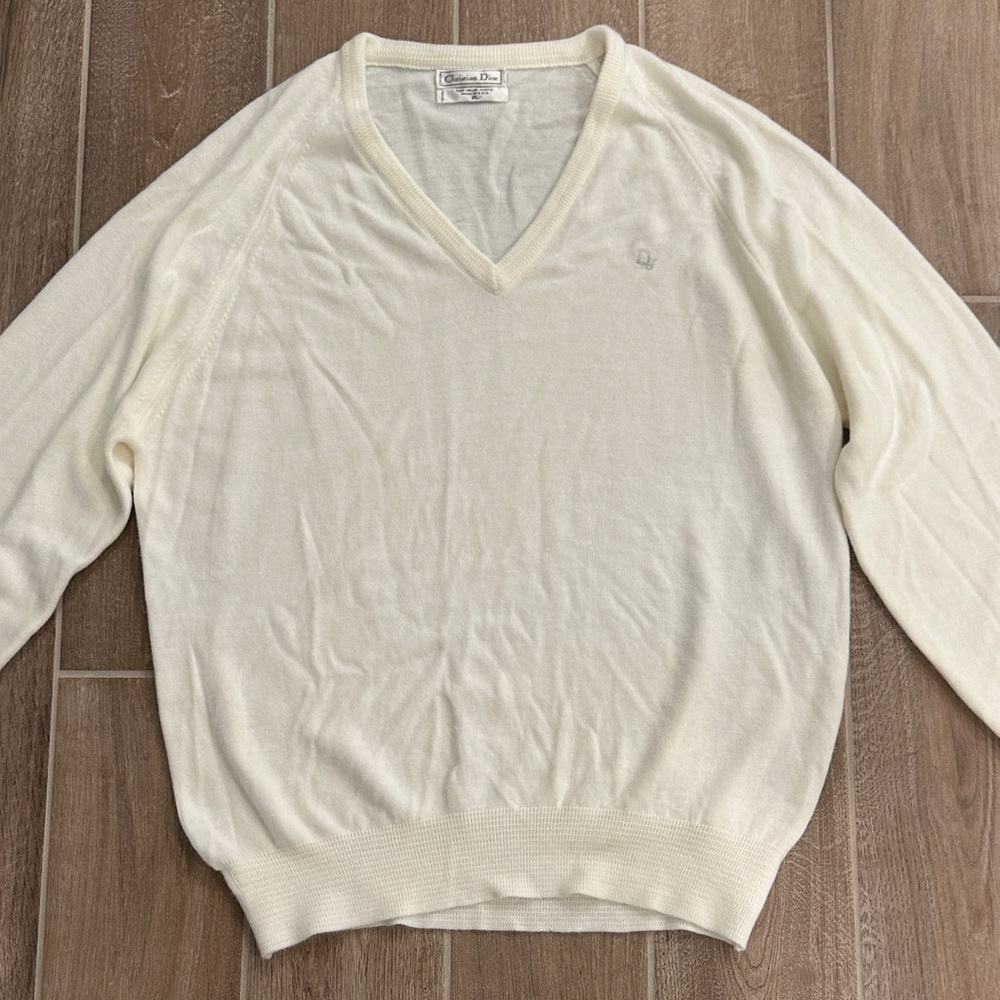 Vintage Christian Dior Cream V-Neck Sweater